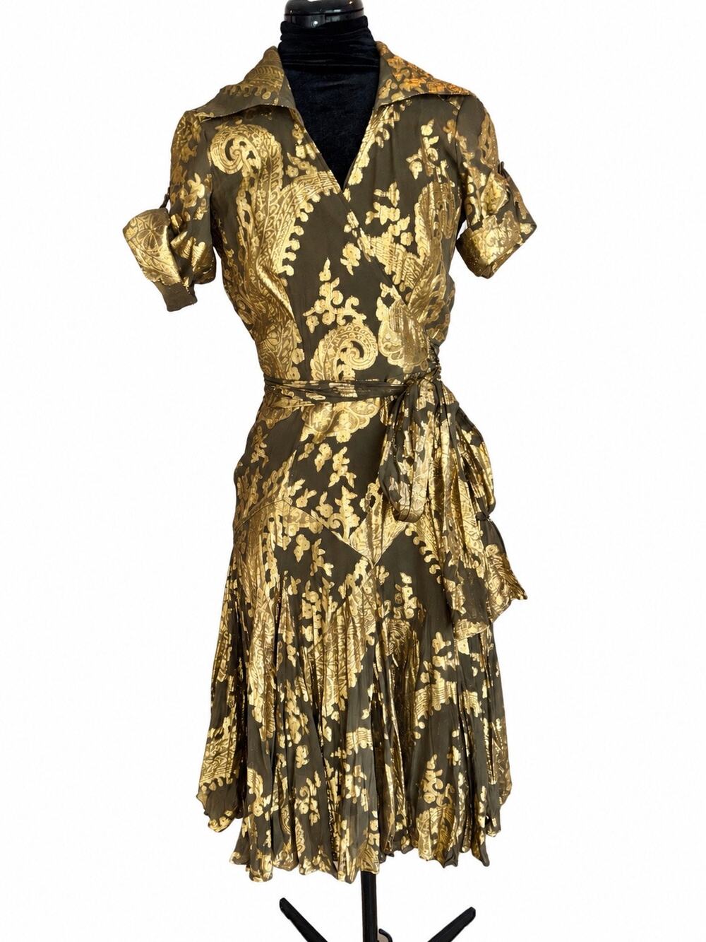 Diane von Furstenberg Brown and Gold Metallic Wrap Dress